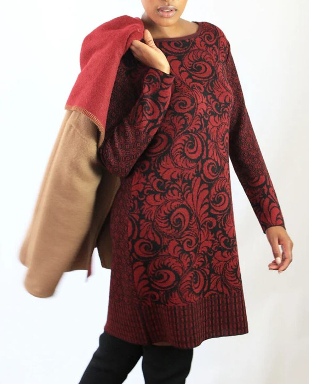 Beyond Threads Sangria/Black Botanical Jacquard Baby Alpaca Sweater Dress Small